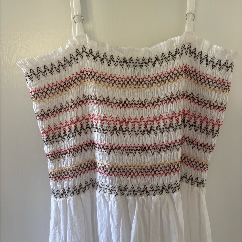 Michael Stars White Smocked Dress with Multicolor Zigzag Pattern